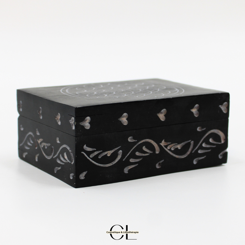 Boîte à bijoux en pierre Saponite rectangle Fleur de Vie 10cm