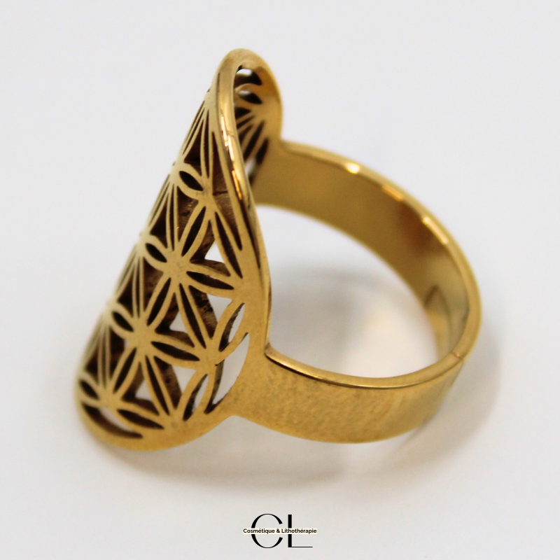 Bague Fleur de vie en acier inoxydable avec plaquage or