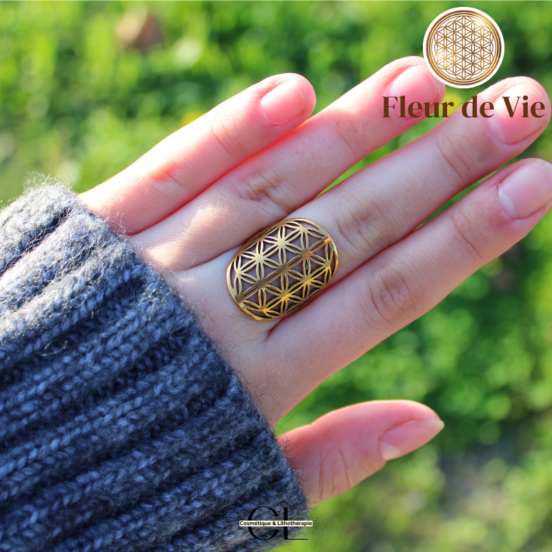 Bague Fleur de vie en acier inoxydable avec plaquage or