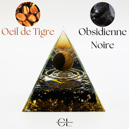 Orgonite pyramide Oeil de Tigre et Obsidienne Noire Arbre de Vie Spirale