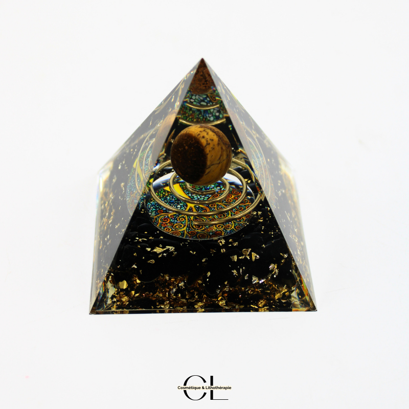 Orgonite pyramide Oeil de Tigre et Obsidienne Noire Arbre de Vie  Spirale