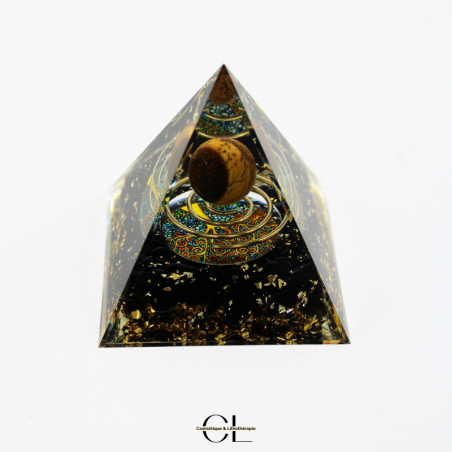 Orgonite pyramide Oeil de Tigre et Obsidienne Noire Arbre de Vie Spirale