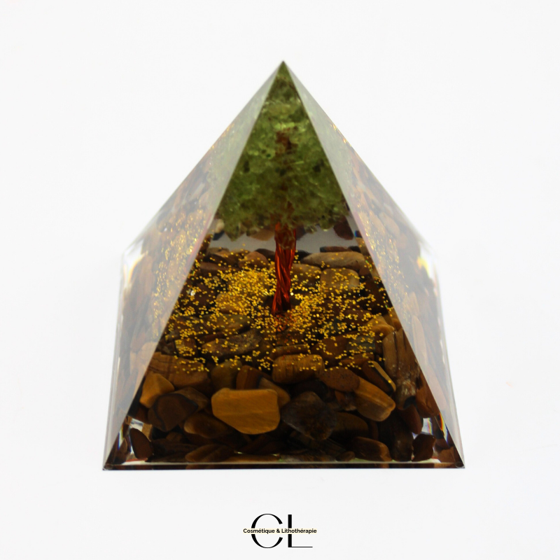 Orgonite pyramide Oeil de Tigre  Péridot Arbre de Vie