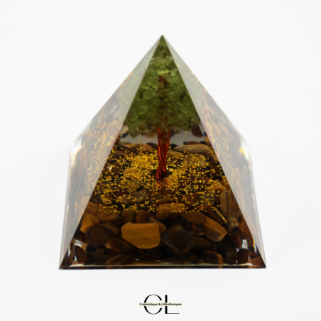 Orgonite pyramide Oeil de Tigre Péridot Arbre de Vie