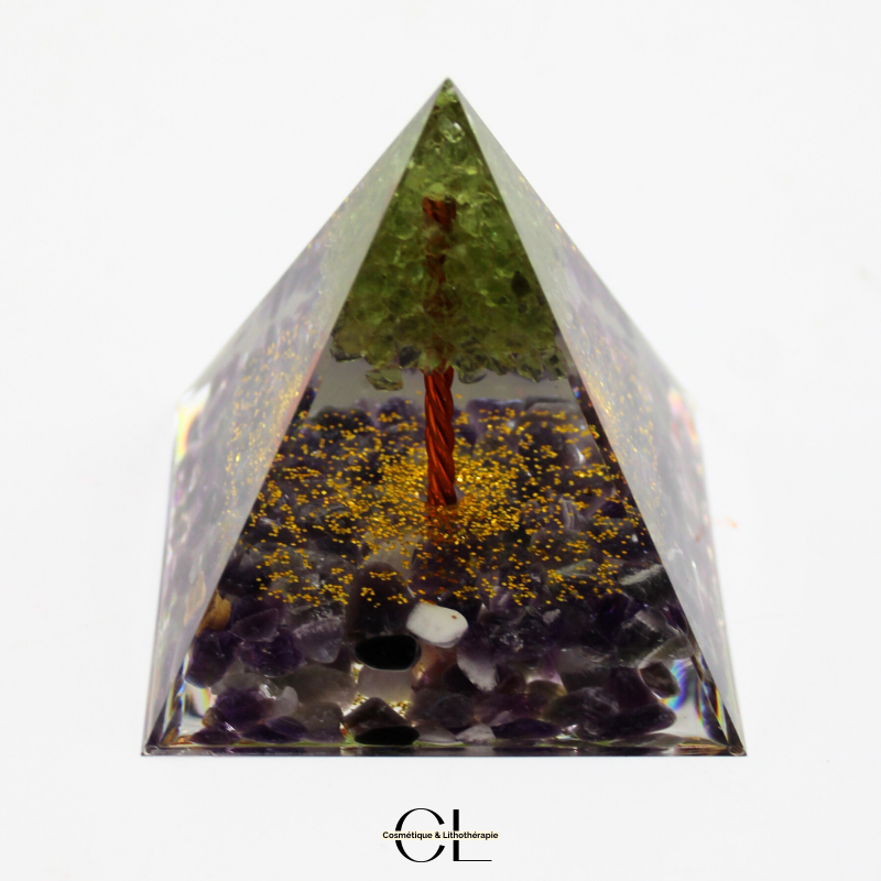 Orgonite pyramide Amethyste et Péridot Arbre de Vie