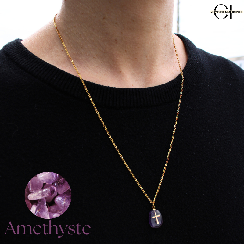 Collier chaine en acier inoxydable doré  avec pierre Améthyste A et Croix