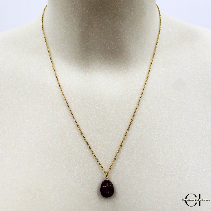 Collier chaine en acier inoxydable doré  avec pierre Améthyste A et Croix