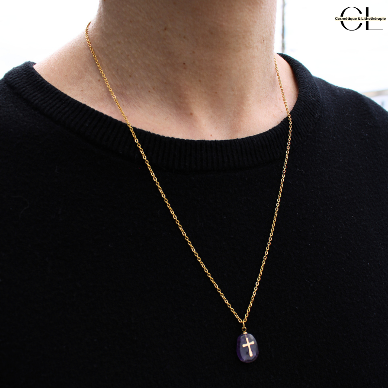Collier chaine en acier inoxydable doré  avec pierre Améthyste A et Croix