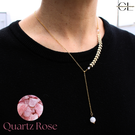 Collier chaine plume doré en forme Y en acier inoxydable avec pierre Quartz Rose A 8mm