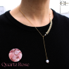 Collier chaine plume doré en forme Y  en acier inoxydable avec pierre Quartz Rose A 8mm