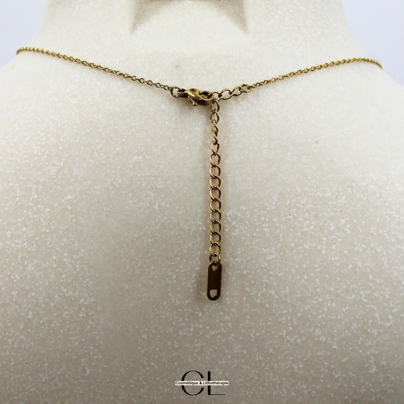 Collier chaine plume doré en forme Y  en acier inoxydable avec pierre Quartz Rose A 8mm