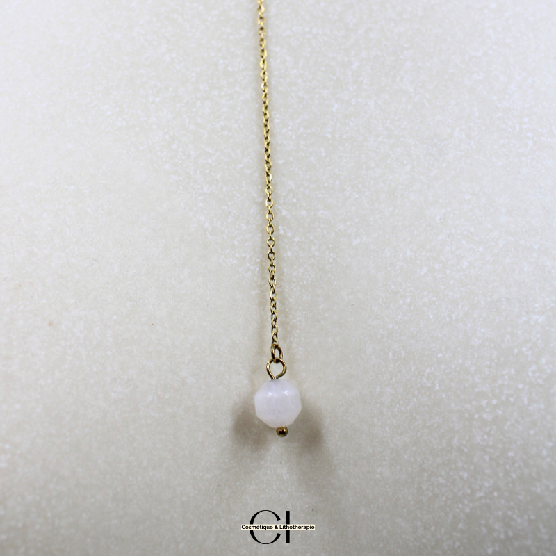 Collier chaine plume doré en forme Y  en acier inoxydable avec pierre Quartz Rose A 8mm