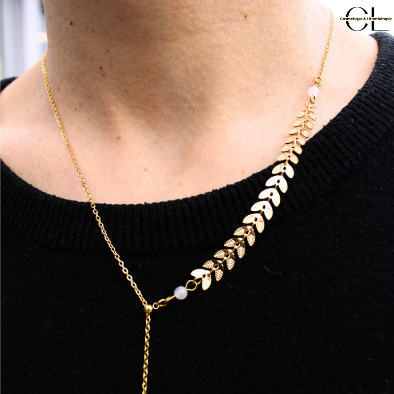 Collier chaine plume doré en forme Y  en acier inoxydable avec pierre Quartz Rose A 8mm