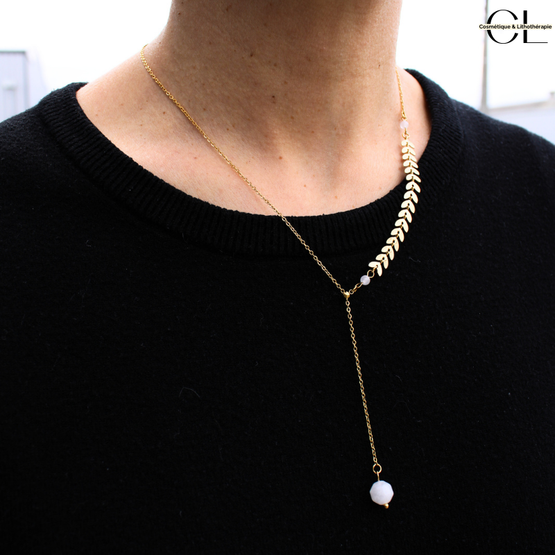 Collier chaine plume doré en forme Y  en acier inoxydable avec pierre Quartz Rose A 8mm