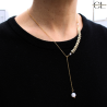 Collier chaine plume doré en forme Y  en acier inoxydable avec pierre Quartz Rose A 8mm