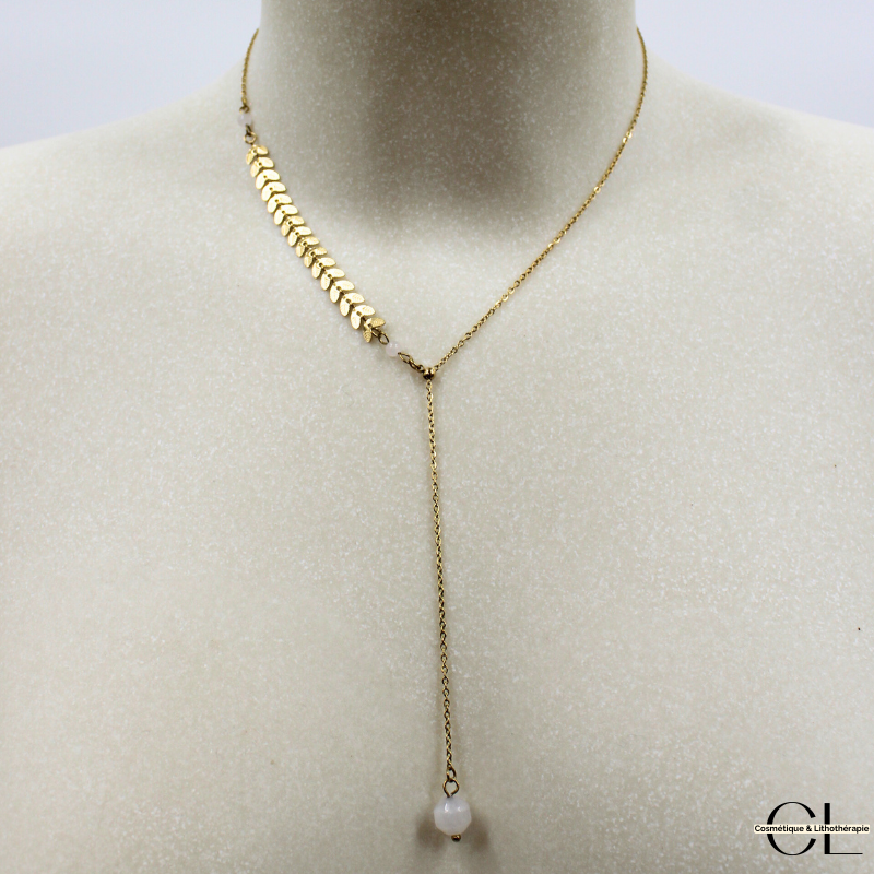 Collier chaine plume doré en forme Y  en acier inoxydable avec pierre Quartz Rose A 8mm