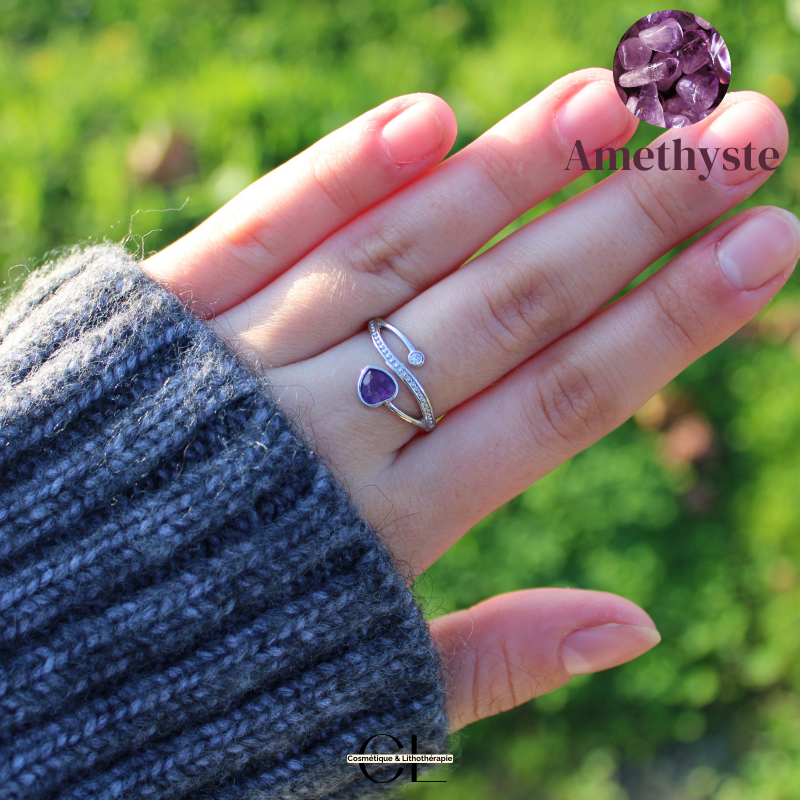 Bague en cuivre blanc ajustable facetté Amethyste AA en forme de cœur