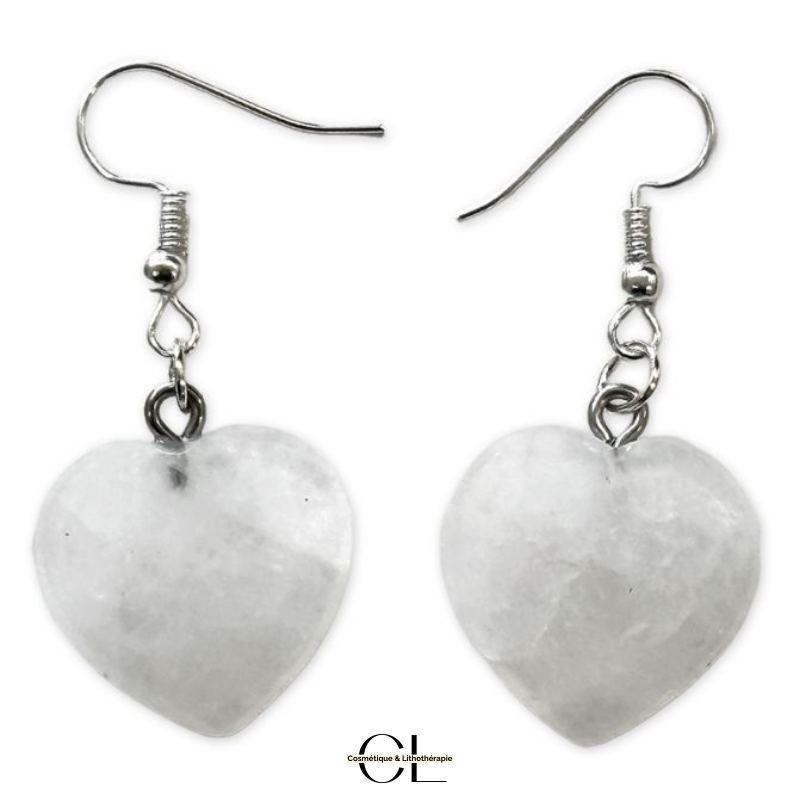Boucles d'oreilles avec pierre Cristal de Roche AB en forme de coeur 20mm