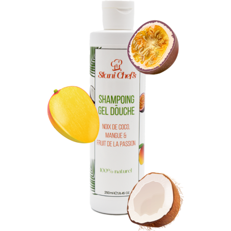2en 1Gel douche corps et shampoing à la noix de coco, mangue fruit de la passion - 250ml 100% naturel