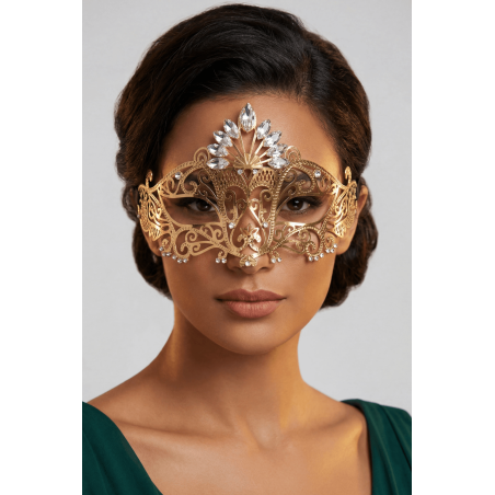 Masque vénitien Gemma rigide doré avec strass