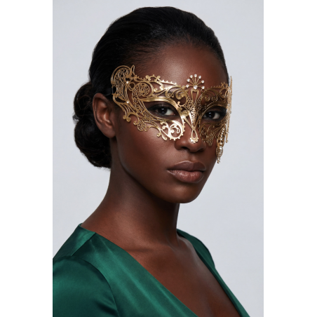 Masque vénitien Bianca rigide doré avec strass