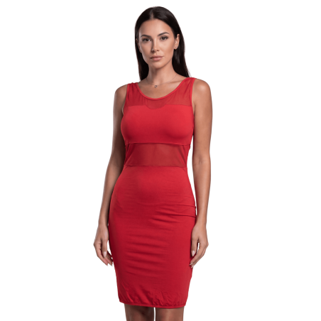 Robe sensuelle et habillée avec maille transparente rouge