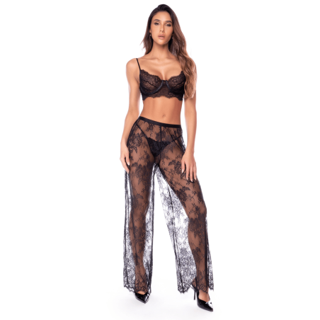 Ensemble 3 pièces en dentelle noire avec pantalon transparent - Mapalé