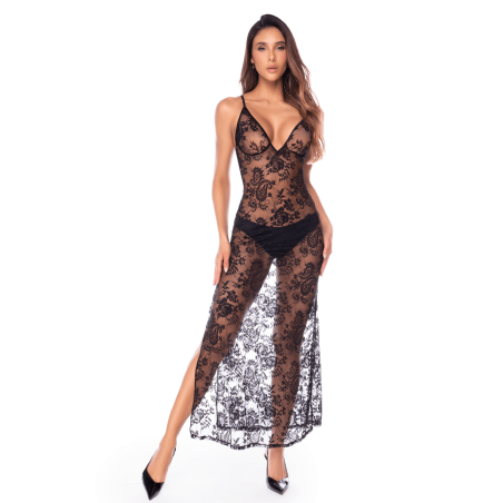 Nuisette transparente noire en dentelle avec décolleté plongeant et fentes latérales - Mapalé