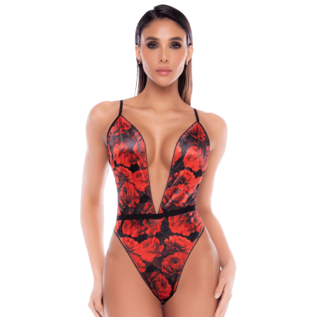 Body noir et rouge en résille transparente avec imprimé et décolleté plongeant - Mapalé