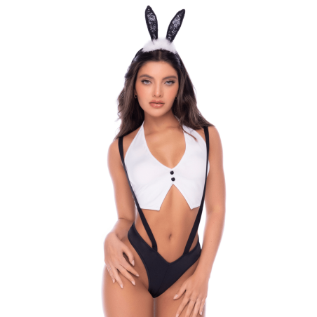 Déguisement lapine sexy 3 pièces avec oreilles, top court et culotte à bretelles - Mapalé
