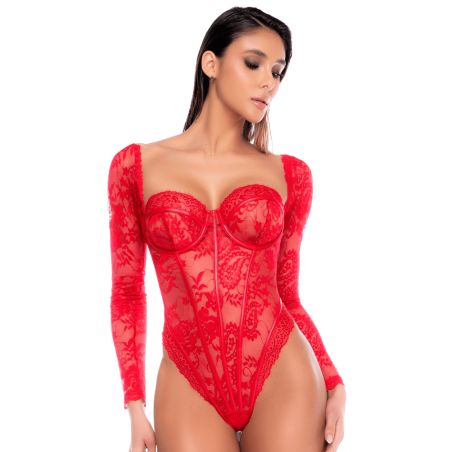 Body rouge à manches longues en dentelle avec armatures - Mapalé