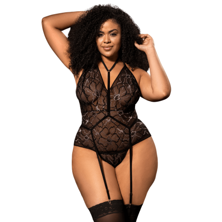 Body grande taille noir en dentelle florale avec harnais amovible - Mapalé