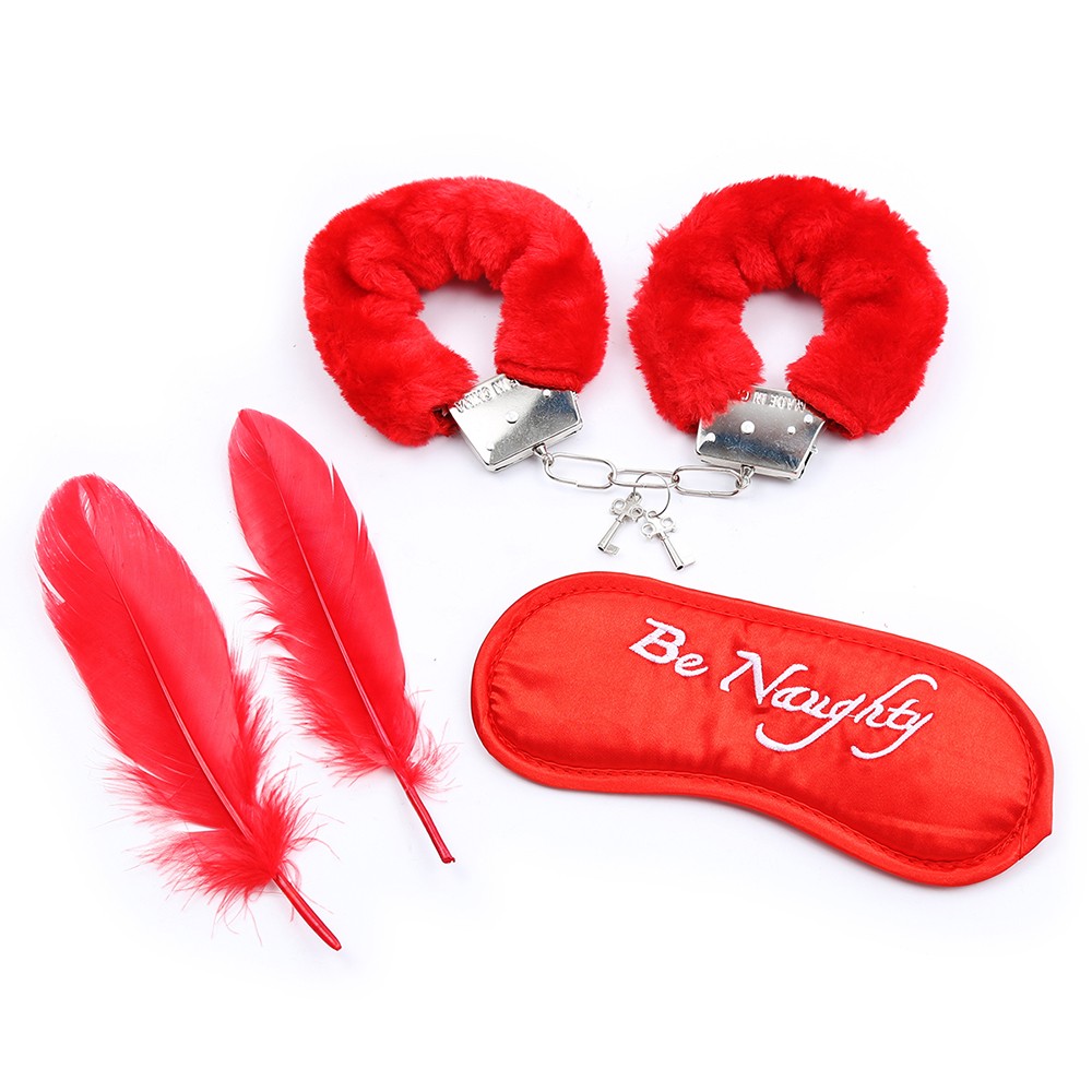Kit coquin 4 pièces : Menottes, 2 plumes et masque rouge — Dreamy Fetish, sélection SENVÉLYA