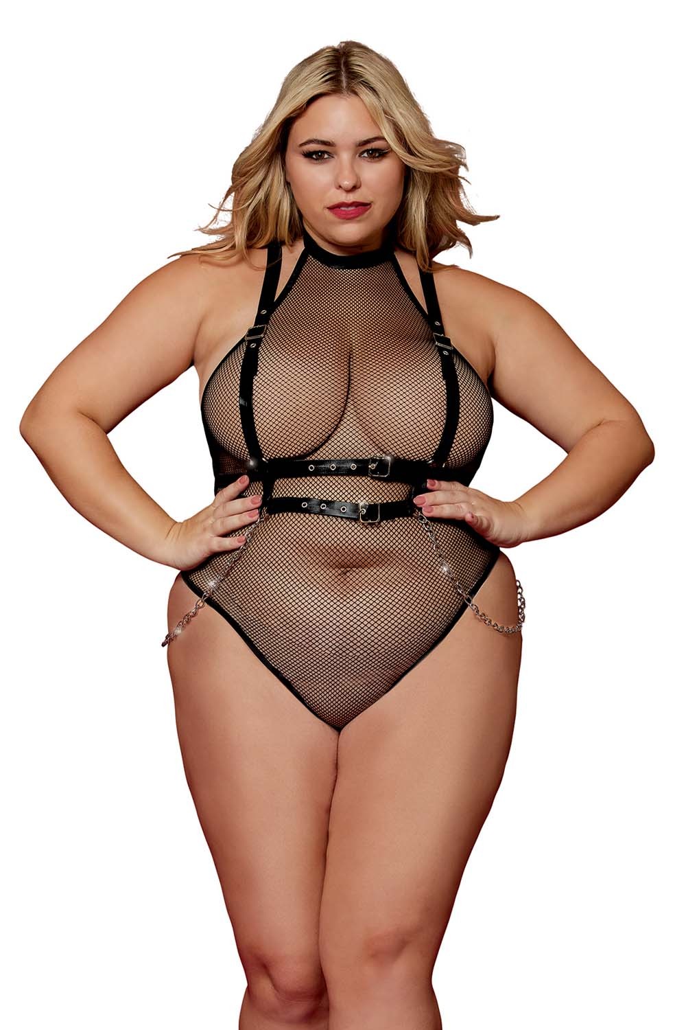 Body en résille, grande taille, avec Harnais simili cuir et chaines — Dreamgirl, sélection SENVÉLYA