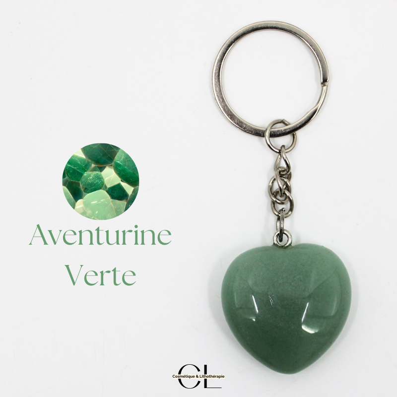 Porte-clefs avec pierre naturelle Aventurine Verte A 30mm en forme de coeur — Lithothérapie, sélection SENVÉLYA