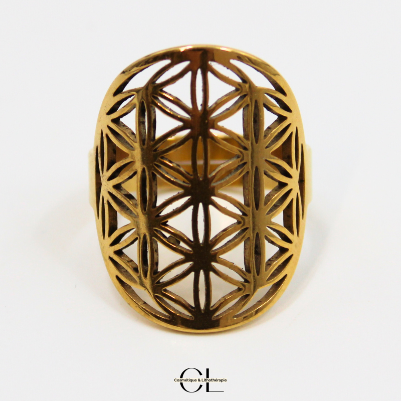 Bague Fleur de vie en acier inoxydable avec plaquage or — Lithothérapie, sélection SENVÉLYA