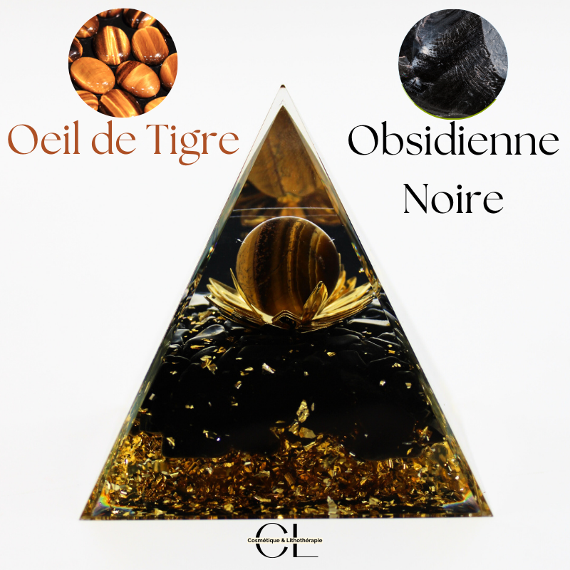 Orgonite pyramide Oeil de Tigre et Obsidienne Noire Lotus — Lithothérapie, sélection SENVÉLYA