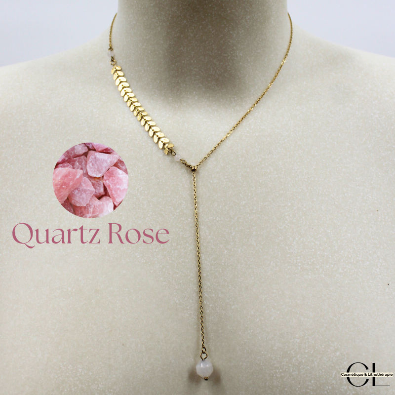 Collier chaine plume doré en forme Y en acier inoxydable avec pierre Quartz Rose A 8mm — Lithothérapie, sélection SENVÉLYA
