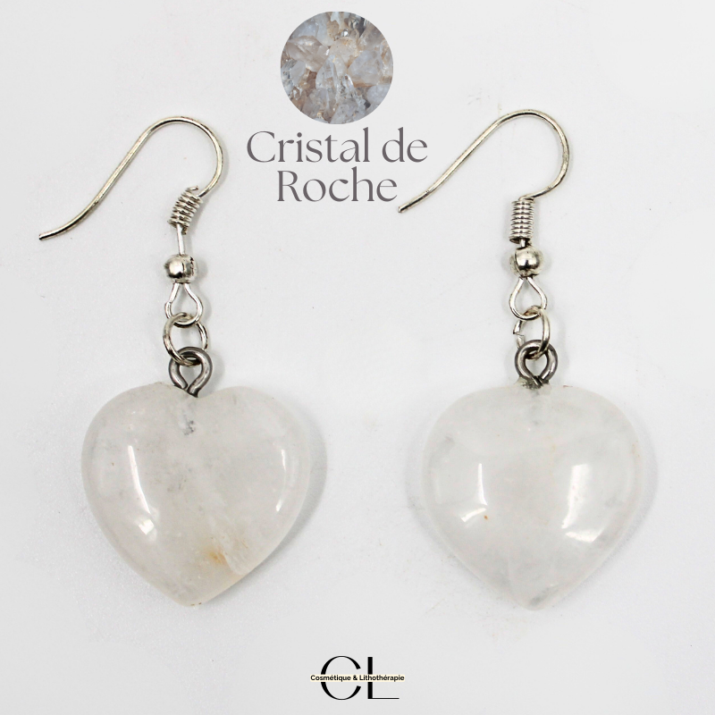 Boucles d'oreilles avec pierre Cristal de Roche AB en forme de coeur 20mm — Lithothérapie, sélection SENVÉLYA