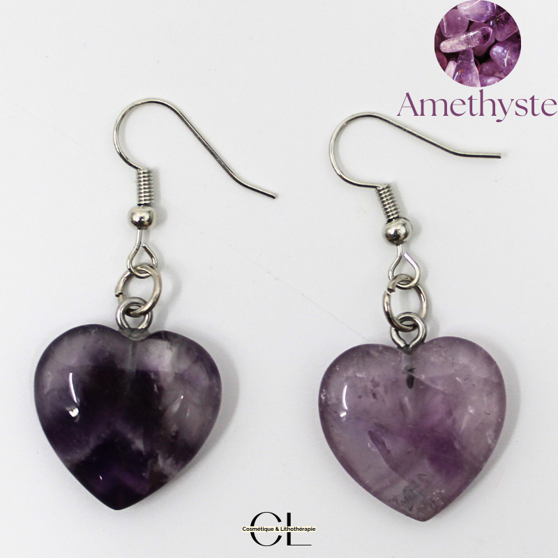 Boucles d'oreilles avec pierre Amethyste AB en forme de coeur 20mm — Lithothérapie, sélection SENVÉLYA