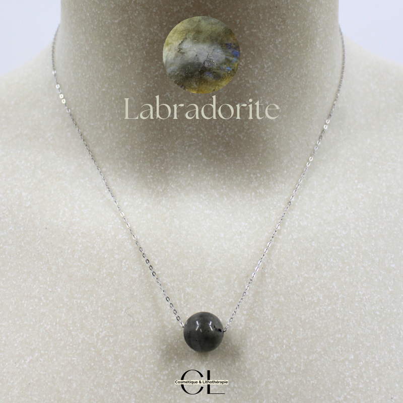 Collier en argent 925 avec pierre Labradorite A Boule 12mm — Lithothérapie, sélection SENVÉLYA