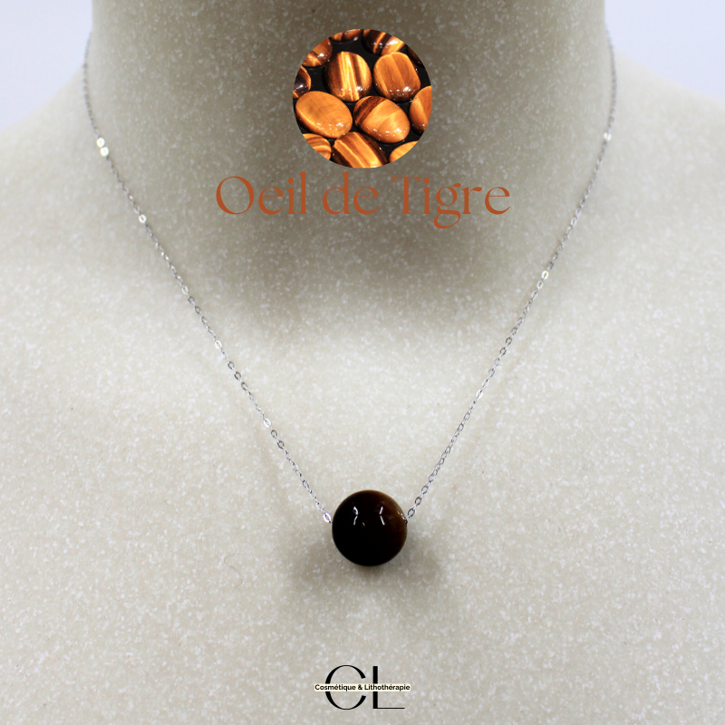 Collier en argent 925 avec pierre Oeil de Tigre AA boule 12mm — Lithothérapie, sélection SENVÉLYA