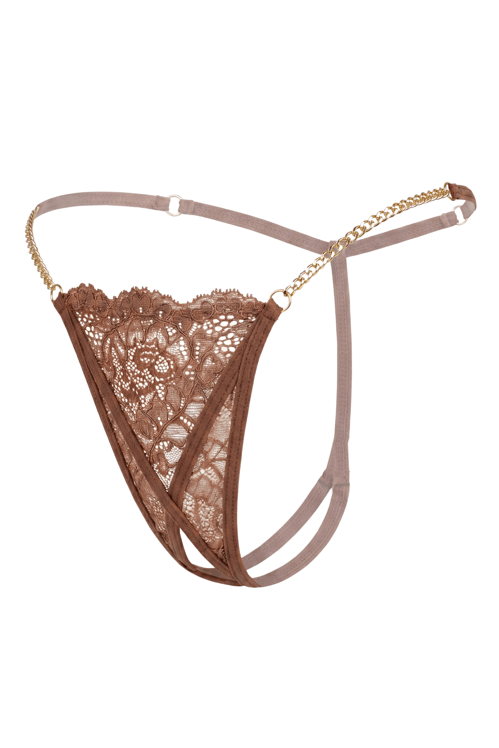 String en dentelle taupe ouvert avec chaînes dorées — Be Lily Panties, sélection SENVÉLYA