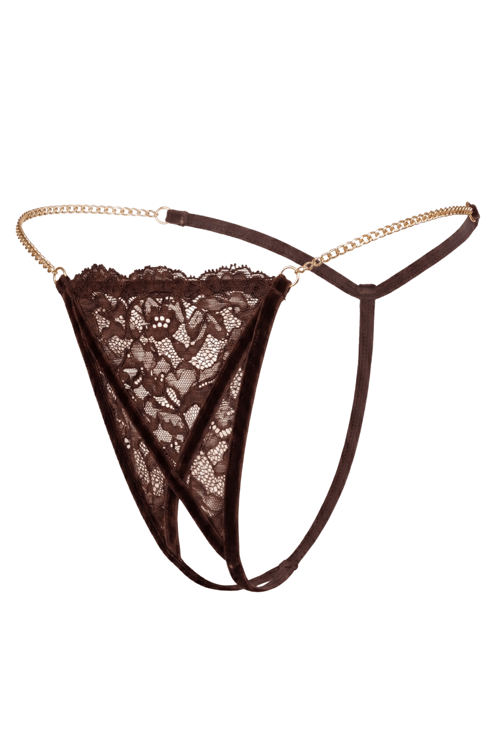String en dentelle marron ouvert avec chaînes dorées — Be Lily Panties, sélection SENVÉLYA